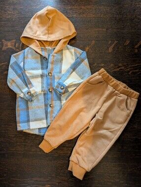 Toddler Hooded Plaid Shacket with Rust Orange Joggers